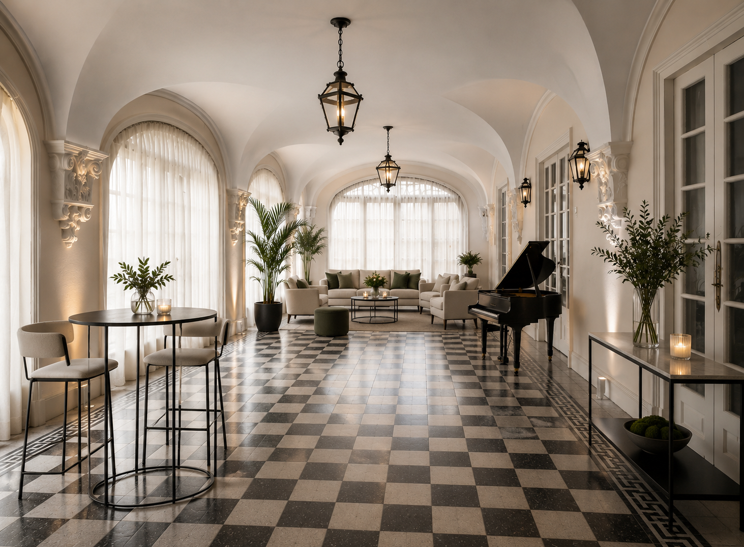 Salón Ajedrez de Casa Prado — ambiente abovedado con salita lounge y piano