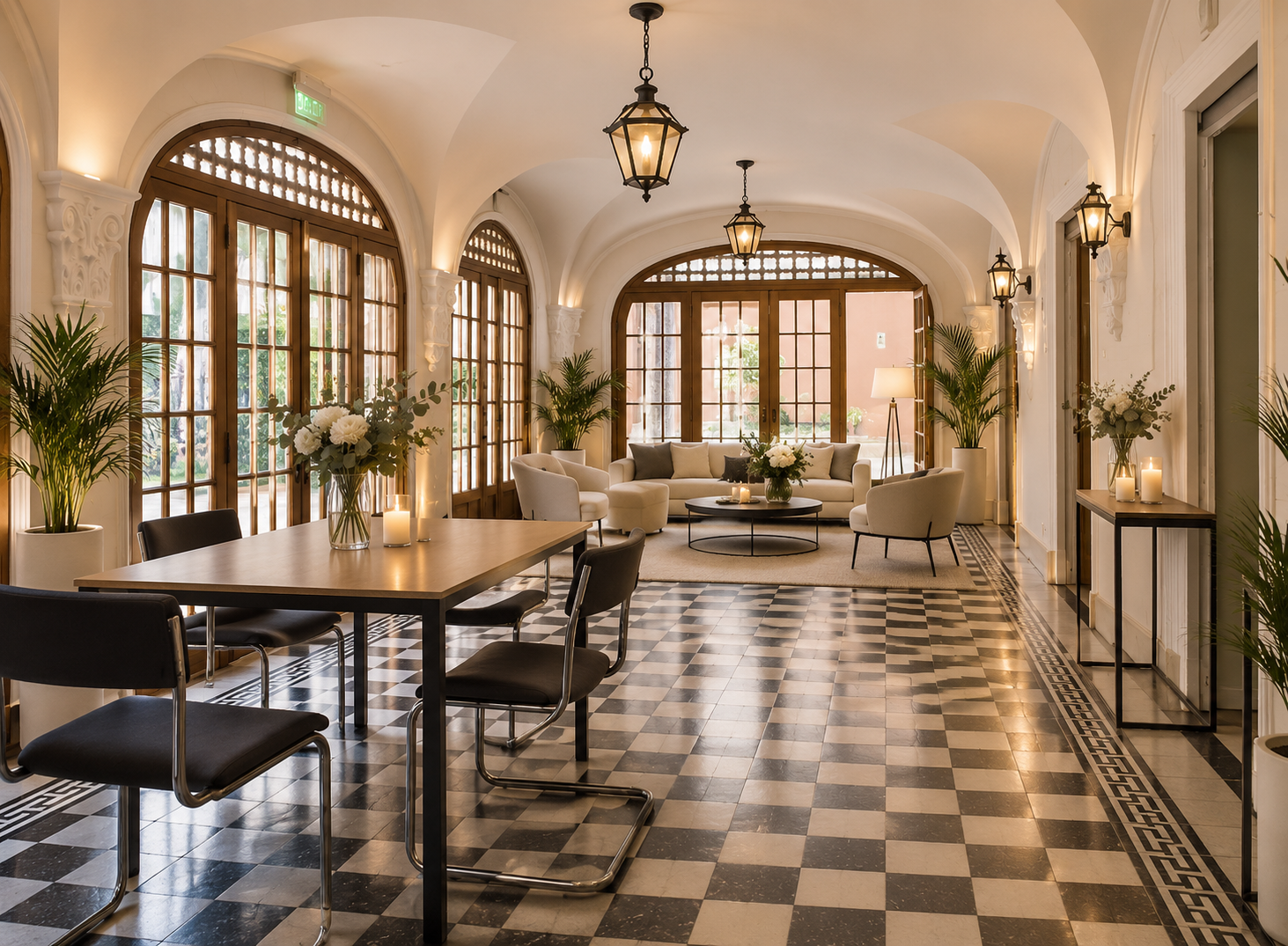 Salón Ajedrez de Casa Prado — vista de la arquería y comedor ejecutivo